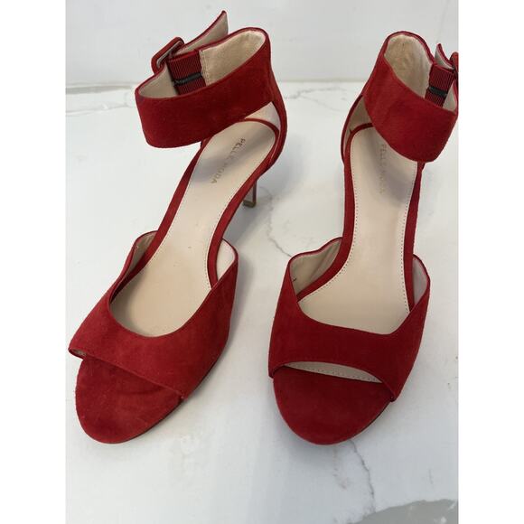 Pelle Moda Red Suede Ankle Buckle 2" Patent Heel Open Toe Size 9.5 Worn Once - Picture 3 of 8